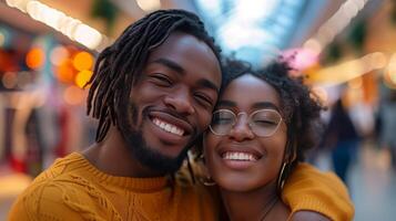 AI generated A woman and her boyfriend are all smiles as they enjoy a day of shopping together at the mall photo