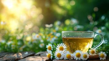 AI generated a cup of green tea next to chamomile flower on a wooden table. blurred background of summer garden from behind photo
