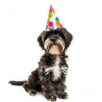 ai generado linda perro en cumpleaños gorra aislado foto