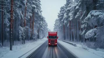 AI generated a large red lonely truck drives along the road through the endless winter forest photo