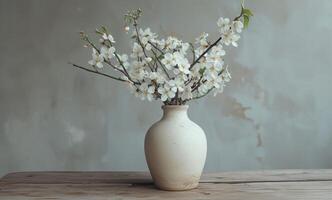 AI generated white flowers in a vase on a wooden table against a gray background photo