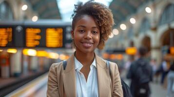 AI generated A Content Businesswoman Poses Confidently in Front of a Train Station Information Board photo