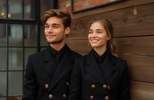 AI generated business couple in uniform looking while smiling photo