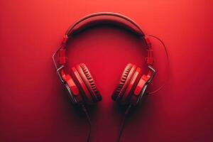 ai generado rojo auriculares en contra un rojo antecedentes foto