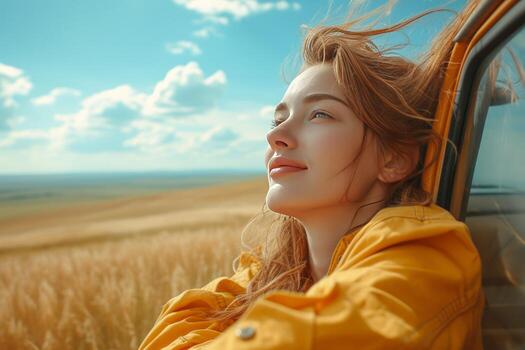 AI generated woman leaning out of window of car with beautiful view photo