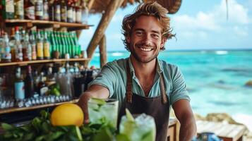 AI generated Young handsome bartender preparing mojito at summer beach bar photo