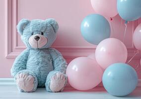 AI generated a teddy bear and balloons stand next to a pink wall photo