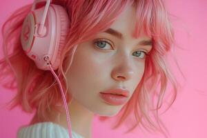 ai generado joven niña con rosado pelo vistiendo auriculares en rosado antecedentes foto