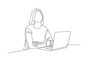 un mujer es frente a un ordenador portátil vector