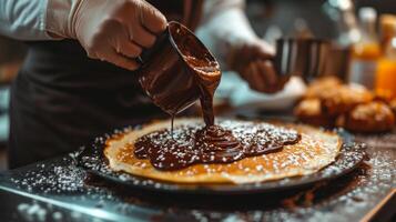 ai generado un cocinar en un calle café se extiende chocolate untado en un tortita foto