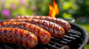 ai generado candente salchichas en parrilla foto