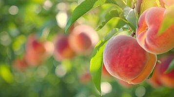 AI generated Beautiful juicy ripe peach hang on a branch in the summer garden photo