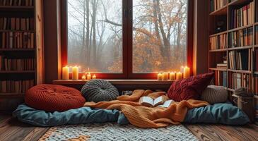 AI generated warm pillows with books and candles next to a window photo