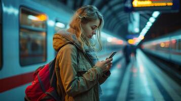 ai generado mensajes de texto en su teléfono inteligente a el tren estación foto