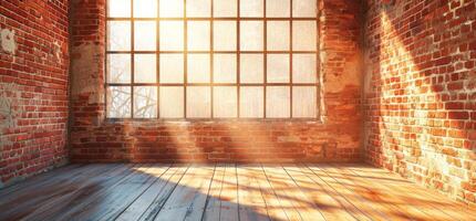 ai generado vacío vacío habitación con ladrillo pared en el piso con amplio ventana y luz de sol colgando mediante eso foto