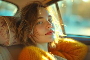 AI generated young woman relaxing in a car photo