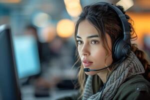 AI generated A Thoughtful Woman Working as a Helpdesk Service Agent photo