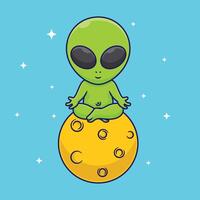 free vector cartoon alien sitting meditation on the moon art design, vector illustration