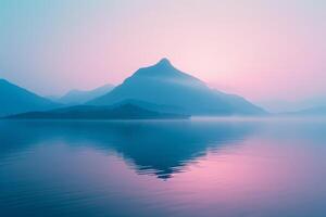 AI generated image of a mountain in the water at sunset photo