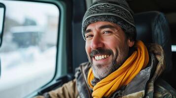 AI generated Joyful Spanish Driver Exiting Truck and Facing Camera photo