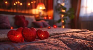 AI generated red hearts are shown on an intricately decorated bed with decorations photo