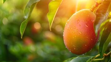 AI generated Beautiful juicy ripe mango hang on a branch in the summer garden photo