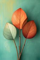 AI generated three wooden leaves are in front of a green background photo