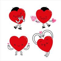 dibujos animados corazón personaje. linda amor símbolos con caras diferente posa, manos y pies, febrero romántico fiesta señales, gracioso positivo emociones, Internet emoji pegatinas emoticon vector conjunto