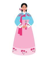 ilustración de mujer en tradicional coreano disfraz hanbok vector