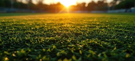 ai generado cerca arriba de verde fútbol campo a puesta de sol hora foto