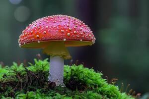 ai generado un rojo seta se sienta debajo el musgo de el bosque foto