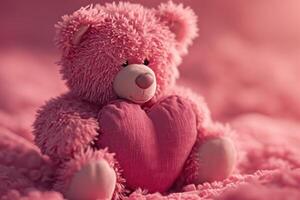 ai generado un pequeño oso con rosado corazón sentado siguiente a eso foto