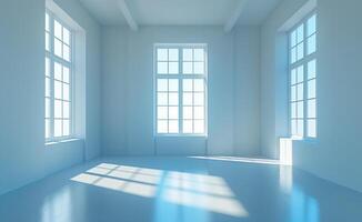 AI generated an empty blue room, with a light beam above it photo