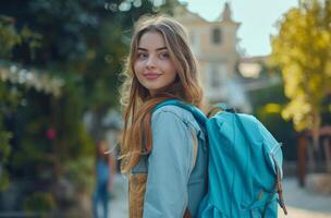 ai generado hermosa estudiante mujer caminando con su mochila estudiante foto
