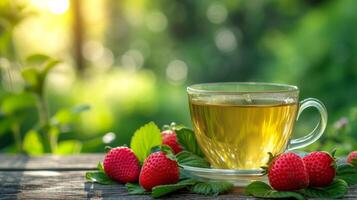 AI generated a cup of green tea next to strawberries on a wooden table. blurred background of summer garden from behind photo