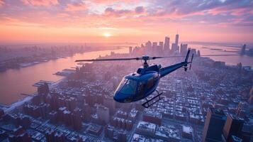 AI generated The helicopter is prized for the helicopter's purpose at high altitude in city photo