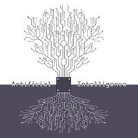 Artificial Intelligence AI tree branches growing from microchip CPU vector