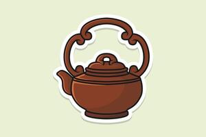 Beautiful Brown Tea Kettle sticker design vector illustration. Kitchen interior object icon concept. Morning Tea Teapot with closed lid sticker design with shadow.