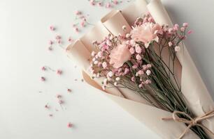 AI generated small flower bouquet and wrapping paper with flowers on white background isolated on white, photo