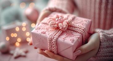 AI generated a hand wrapping presents with a pink gift box photo