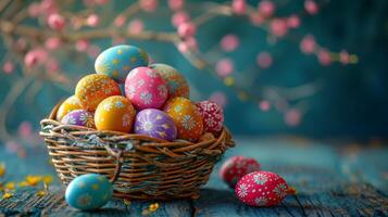 ai generado vibrante Pascua de Resurrección huevos arreglado en un pintoresco cesta, radiante festivo colores y patrones foto