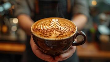 AI generated A young handsome barista in a coffee shop makes a beautiful cappuccino with a pattern of a leaf shape photo