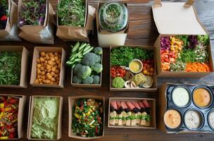 ai generado un selección de sano comida en el cajas foto