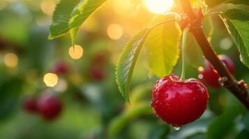 AI generated Beautiful juicy ripe cherry hang on a branch in the summer garden photo