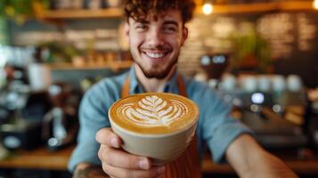 ai generado un joven hermoso barista en un café tienda hace un hermosa capuchino con un modelo de un hoja forma foto