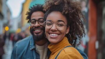 ai generado Pareja celebrando hitos, su afecto evidente en cálido, apretado abraza foto