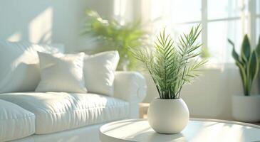 AI generated white plant on a table in front of sofa and white floor couch photo