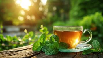 AI generated a cup of green tea next to mint leaves on a wooden table. blurred background of summer garden from behind photo