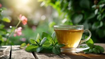 AI generated a cup of green tea next to mint leaves on a wooden table. blurred background of summer garden from behind photo