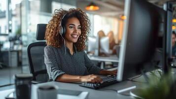 ai generado un cliente apoyo representante ayudando clientes en su escritorio computadora en un oficina ajuste foto